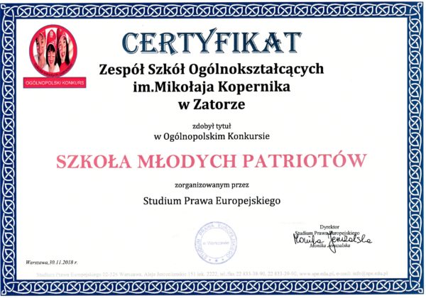 Certyfikat "Szkoła Młodych Patriotów"