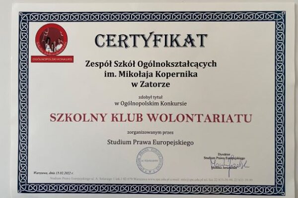 Nasza szkoła otrzymała certyfikat: „SZKOLNY KLUB WOLONTARIATU”